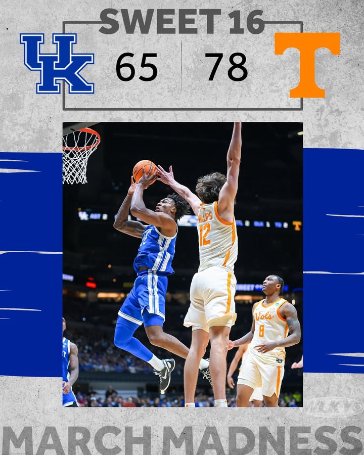 WLKY's tweet photo. Kentucky's NCAA Tournament comes to end as the Wildcats fall to Tennessee in the Sweet 16. 
https://t.co/P0Qekeh7ua https://t.co/TqMO84OilZ