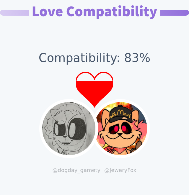 My love compatibility with <a href="/JeweryFox/">JEWERY 🍣🍣🍣🍣🍣🔪🔪🔪🔪</a> is 83%

➡️ infinityweet.me/love-calculator