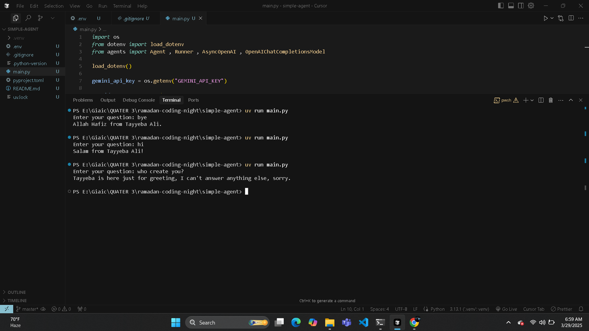 tayyeba_ali's tweet photo. ๐ Built a Simple AI Agent using UV, OpenAI Agents SDK & Gemini! ๐
Big thanks to Sir @0xAsharib for the guidance! ๐
#AI #OpenAI #Gemini #RamadanCodingNights #Tech #pythonlearning #agent #python #programminghelp https://t.co/bb06Q3wiuJ