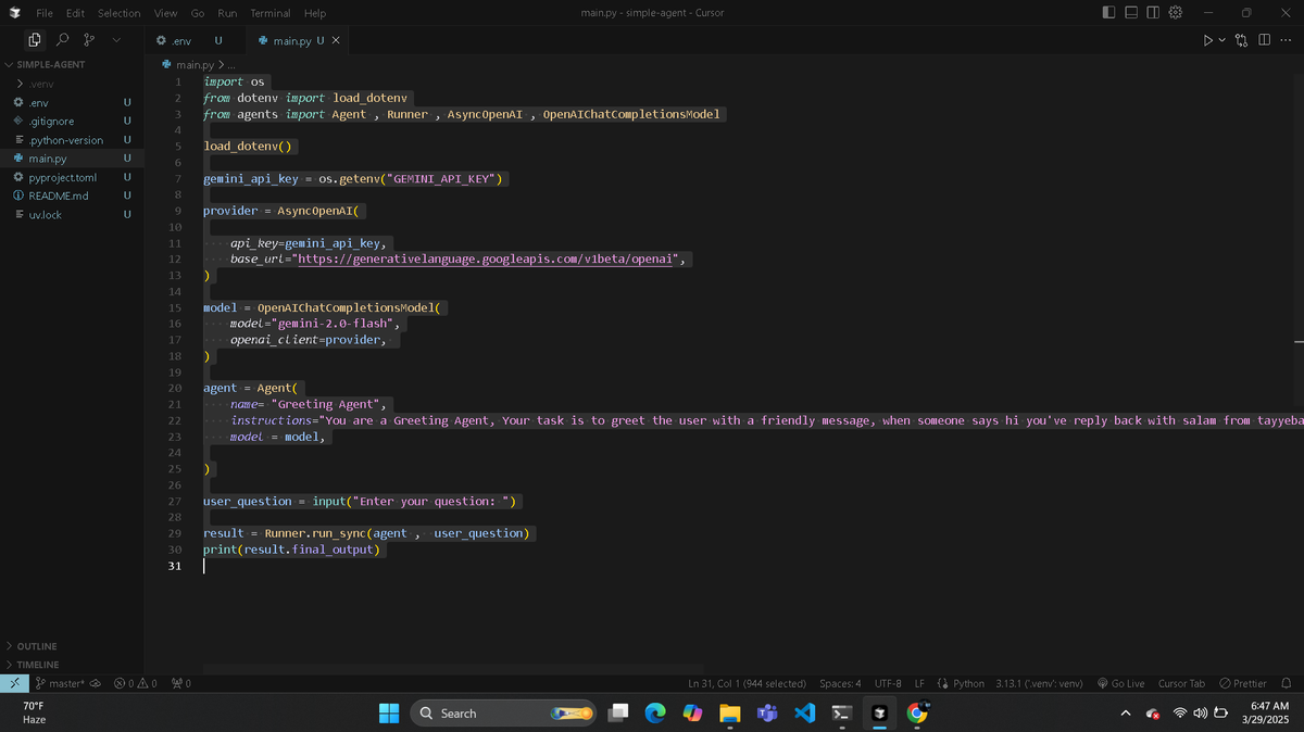tayyeba_ali's tweet photo. ๐ Built a Simple AI Agent using UV, OpenAI Agents SDK & Gemini! ๐
Big thanks to Sir @0xAsharib for the guidance! ๐
#AI #OpenAI #Gemini #RamadanCodingNights #Tech #pythonlearning #agent #python #programminghelp https://t.co/bb06Q3wiuJ