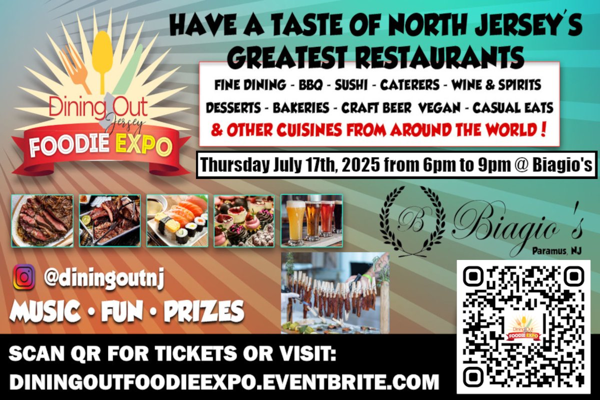 The 2025 #DiningOutJersey #Foodie Expo tickets are now on sale.  Buy now and save $20 with Early Purchase.  We've got great new exhibitors and we're indoors.  The date is Thu, Jul 17th,2025.
diningoutfoodieexpo.eventbrite.com/?aff=DOJTW