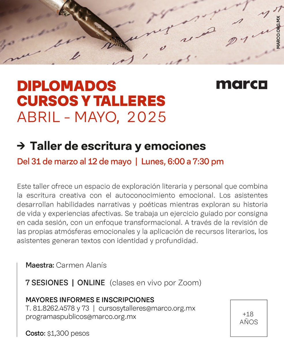 "La escritura es la única manera de hacer eterno lo efímero." Inscripción abierta para los talleres literarios que facilito en el <a href="/MuseoMARCO/">@MuseoMARCO</a> ✨🌟📝📚