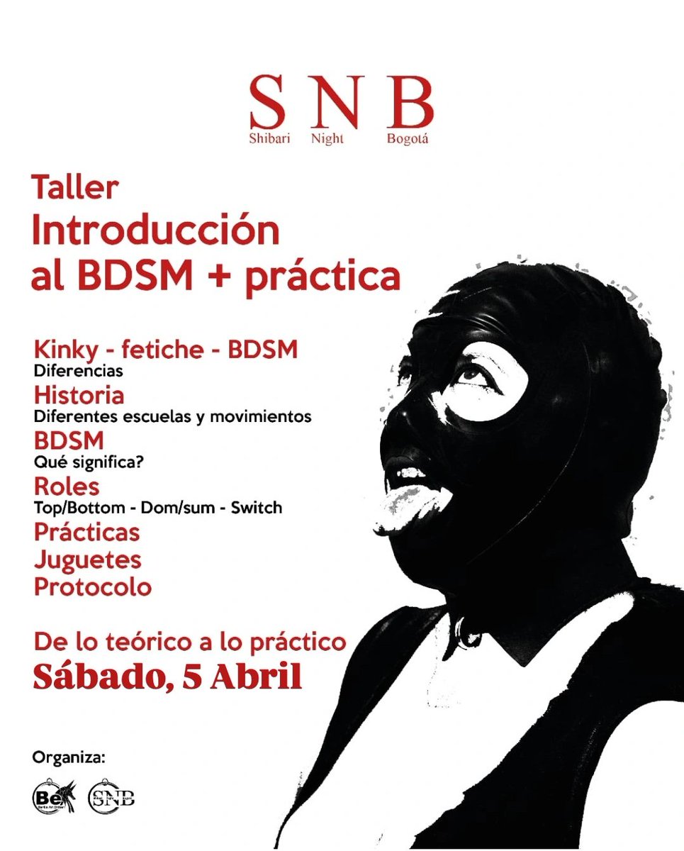 **Taller Introducción y Práctica BDSM*, dirigido a cualquier persona mayor de edad. Pueden asistir solxs, o acompañadxs. 

🗓 *Sáb 05 Abr, 2025*
Asiste solo al taller, solo a la práctica o a ambos. 
Reserva:
forms.gle/NBcSnnKHHbvN9x…
WhatsApp +57 3022894552