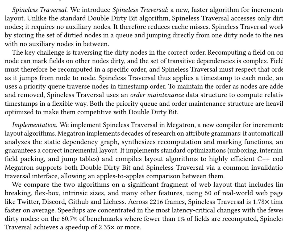 Debasish (দেবাশিস্) Ghosh 🇮🇳 (@debasishg) on Twitter photo Very cool work reducing latency in web rendering engine through clever use of priority queues and order maintenance data structures .. improves upon the current Double Dirty Bit algorithm .. co-authored by <a href="/MarisaVeryMoe/">Marisa "Long Middle Name Looks Cool" Kirisame</a>
Link: 👇 Very cool work reducing latency in web rendering engine through clever use of priority queues and order maintenance data structures .. improves upon the current Double Dirty Bit algorithm .. co-authored by <a href="/MarisaVeryMoe/">Marisa "Long Middle Name Looks Cool" Kirisame</a>
Link: 👇