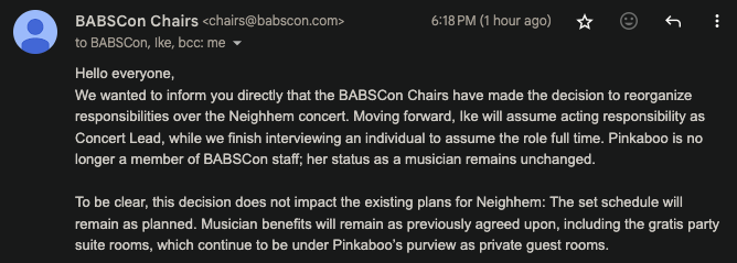 babscon was the one con i compromising to perform at, after like 6 years, because <a href="/pinkaboolink/">Pinkaboo! I see you!</a> is the goat and was one of the only ppl actually willing to look out for me and get things done.

today, babscon announced they were firing her over essentially nothing.

so i'm out.