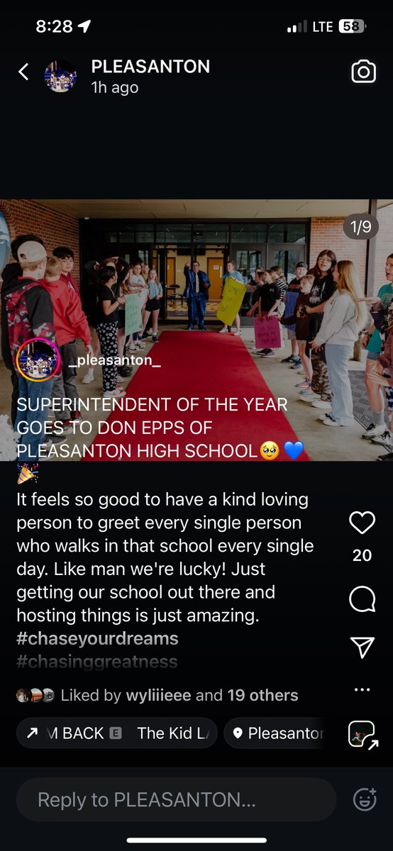 A parent shared this screenshot from our Pleasanton Students Instagram page tonight. I’m definitely not Superintendent of the Year but I am very blessed to serve such amazing kids!! We have something special going at P-Town!! 
#KSLeaders #ChasingGreatness #ksleg
