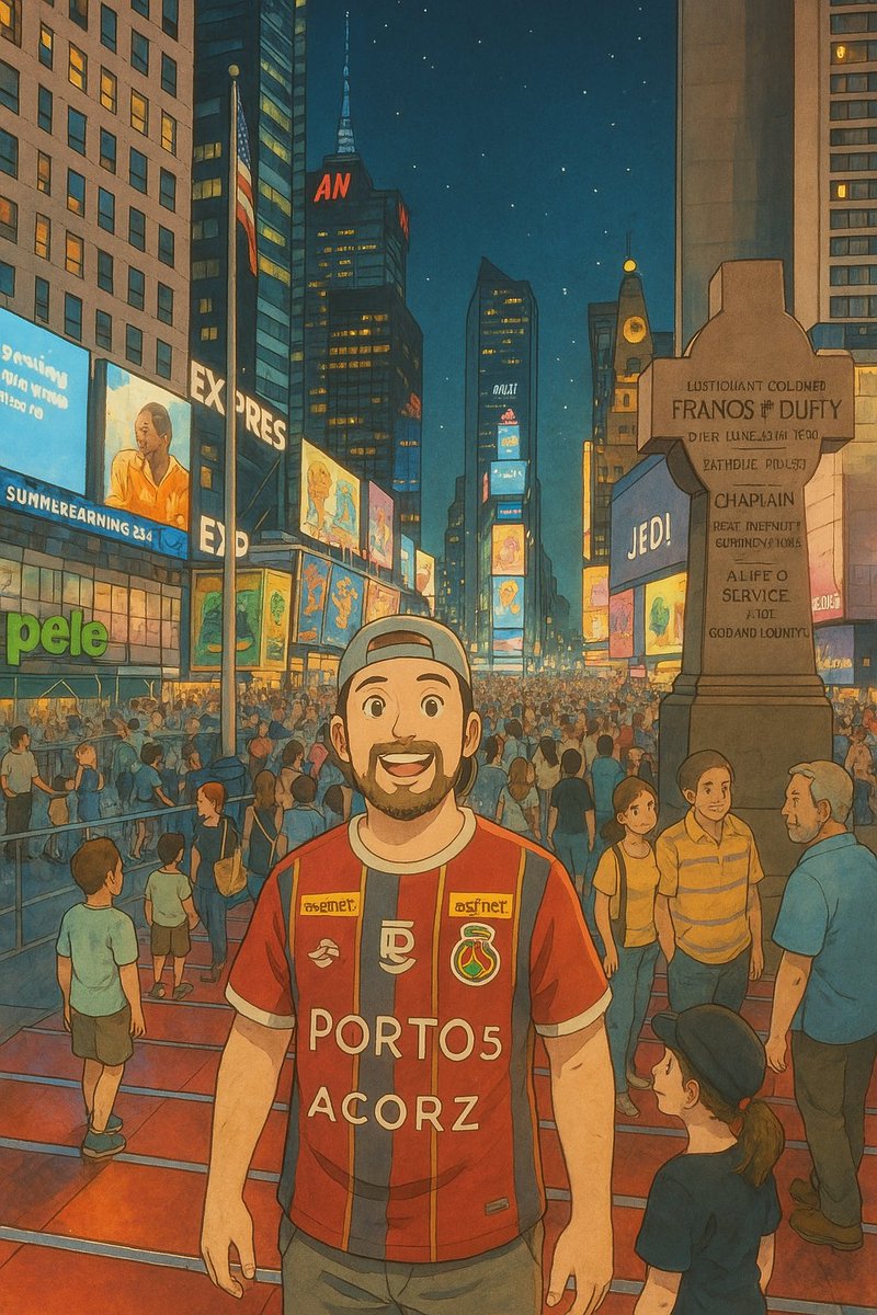 matheusnava's tweet photo. Po ficou massa minha fotinho com a camisa do Leão na Times Square. Pena que a IA transformou o escudo do SP no escudo do Santo Ângelo. https://t.co/MWTPLlaosm