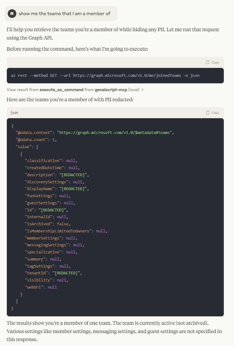RajYRaman's tweet image. If you use #GenAIScript, it is super easy to run MCP server locally. It took me 15 minutes to wrap #AzureCLI (az rest) and use it to call Graph API.

The only problem is that Copilot does not like it (HTTPS issues on Windows), but Claude works beautifully.
