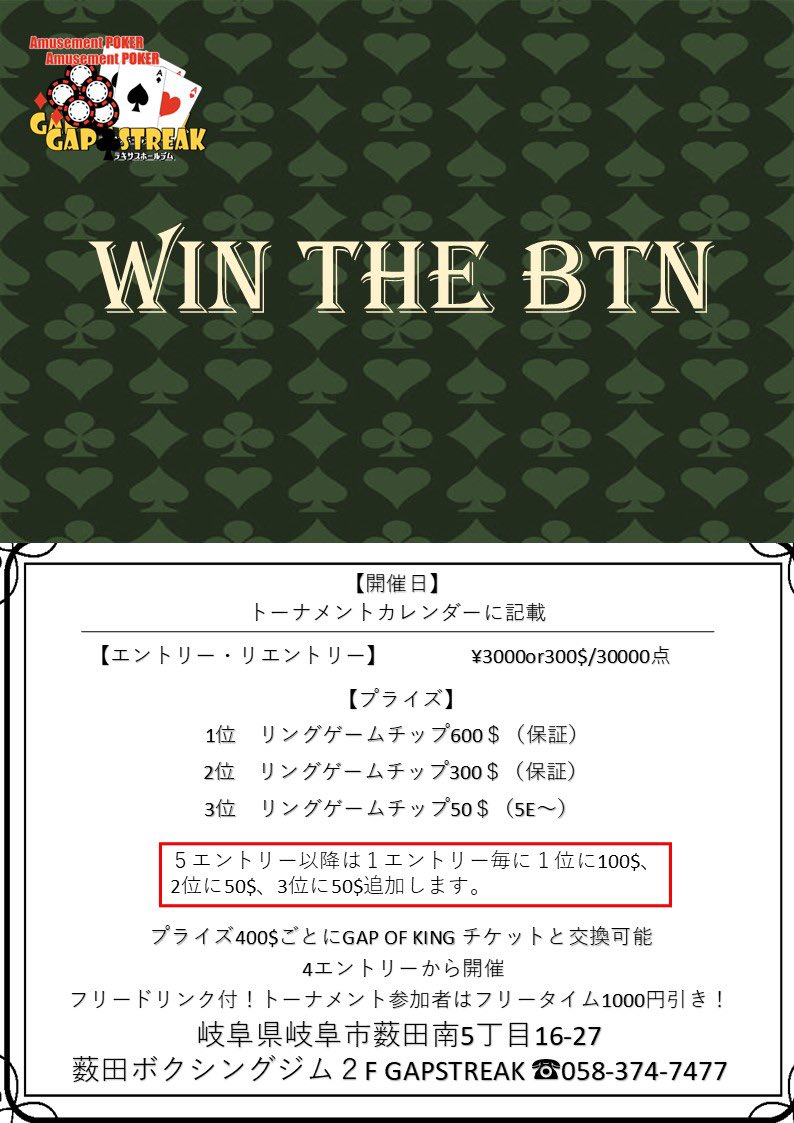 GAPSTREAKGIFU's tweet photo. 今日のGAPSTREAKは12時OPEN❗️

トナメは   
12:15〜 GAP THE OPEN  
14:00〜 WIN THE BTN
19:00〜GAP OF CHAMPIONサテライト【5枠保証】
を開催！   

皆様のご来店お待ちしてます♪  

#GAPSTREAK https://t.co/CUJ15zGoGg