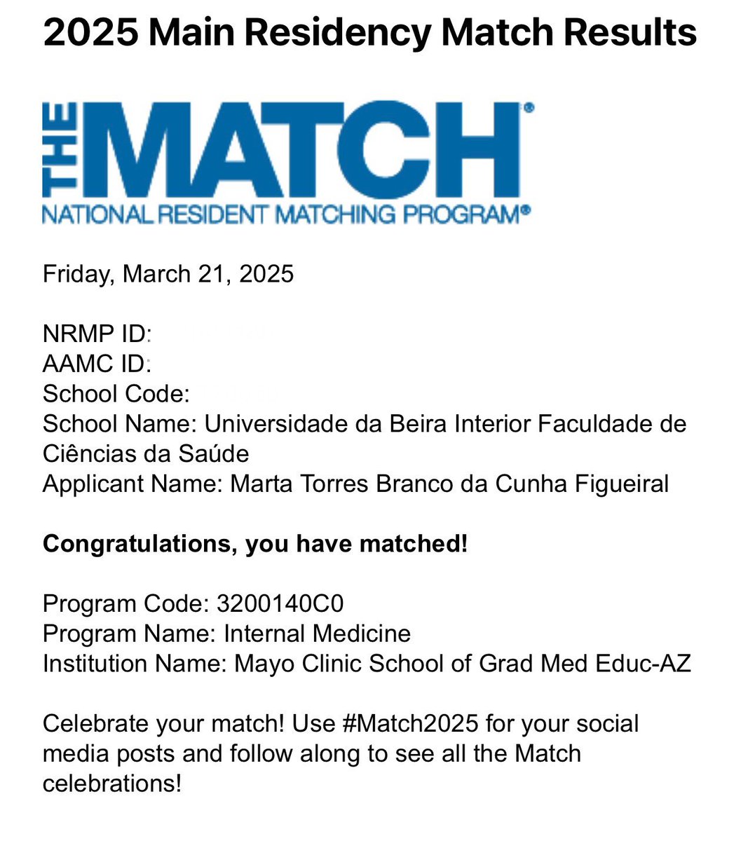 Marta Figueiral, MD (@figueiralmd) on Twitter photo Beyond excited to share that I’ve matched in Internal Medicine at <a href="/MayoAZ_IMRES/">Mayo Clinic Internal Medicine Residency- Arizona</a> !!
A very special thank you to my mentors, Dr. Naveen Pereira <a href="/nl_pereira/">Naveen Pereira</a> and Dr. Eric Klee, for the countless opportunities and invaluable mentorship along this journey.
#Match2025 #Matchday2025 Beyond excited to share that I’ve matched in Internal Medicine at <a href="/MayoAZ_IMRES/">Mayo Clinic Internal Medicine Residency- Arizona</a> !!
A very special thank you to my mentors, Dr. Naveen Pereira <a href="/nl_pereira/">Naveen Pereira</a> and Dr. Eric Klee, for the countless opportunities and invaluable mentorship along this journey.
#Match2025 #Matchday2025