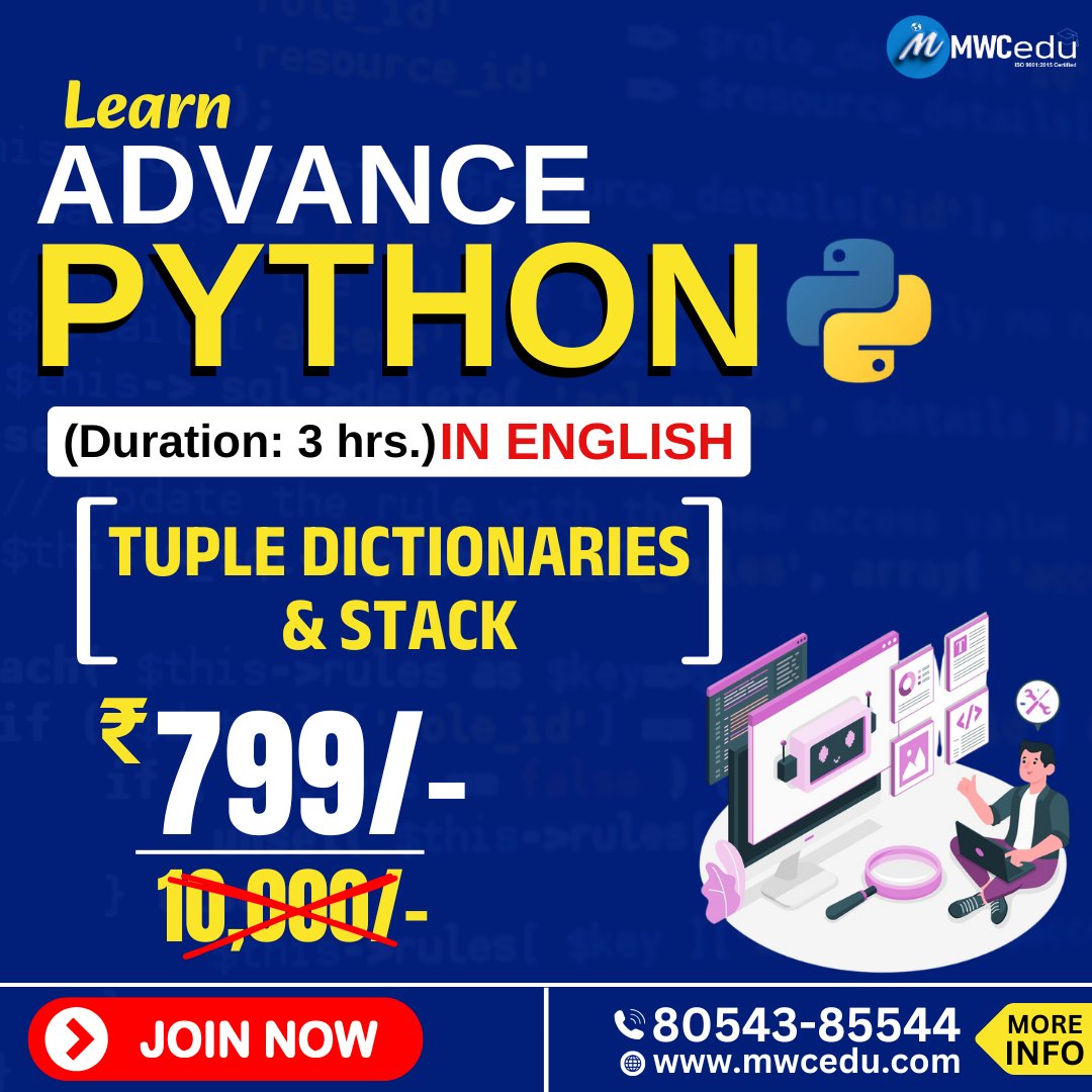 cedu_mw's tweet image. 🚀 Boost your coding skills with our Advanced Python course at just ₹799! Limited time only—sign up now! ⏳💡
📲Call for more information - 80543-85544
#PythonProgramming #AdvancedPython #CodingSkills #LearnPython #PythonCourse #LimitedOffer #TechSkills #PythonMastery  #mwcedu