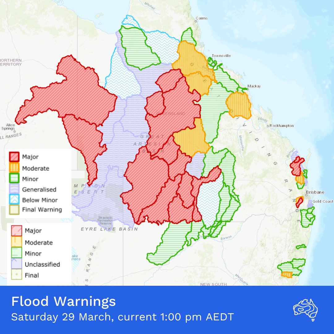 Even more Flood Warnings have been issued todays as widespread rain has fallen. Recent updates include Major Flood Warnings at: Burrum, Cherwell and Mary Rivers in the Wide Bay and Burnett, and Warrill Creek in the south-east.

Full list: bom.gov.au/qld/warnings/