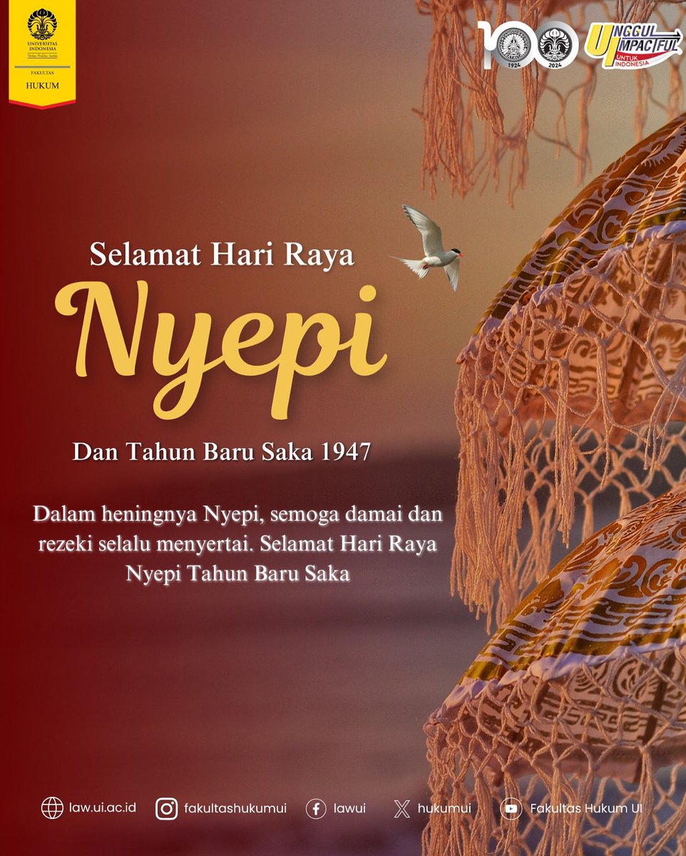 Pimpinan dan Segenap Sivitas Akademika Fakultas Hukum Universitas Indonesia mengucapkan Selamat Hari Raya Nyepi! Semoga hari yang penuh kedamaian ini membawa ketenangan dalam hati, kebahagiaan dalam keluarga, dan kedamaian dalam hidup.