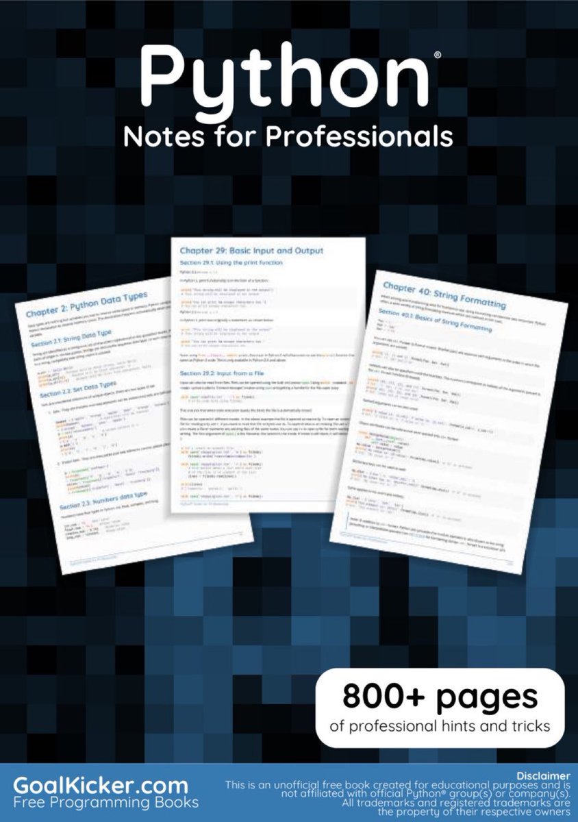 KirkDBorne's tweet image. [856-page PDF eBook] #Python Notes for Professionals, with code snippets, hints, and tricks: books.goalkicker.com/PythonBook/
————
#Coding #PyDev #Developers #DataScientist #MachineLearning #AI #DataScience #ComputationalScience #Simulation