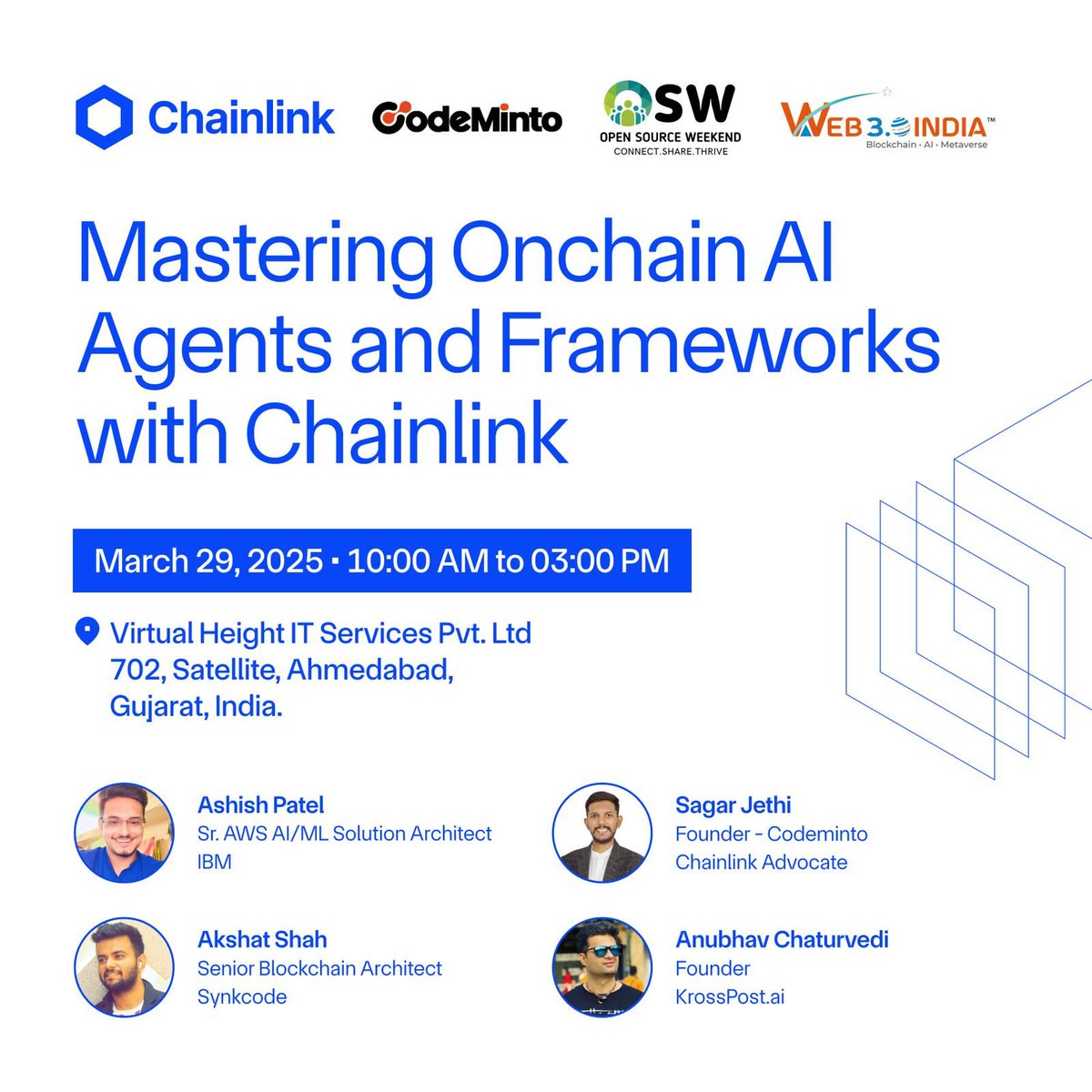 Aman_codeaddict's tweet image. Excited to dive into mastering on-chain AI agents and frameworks with @chainlink! 🚀 Exploring the future of decentralized intelligence

With some amazing speakers: 
@sagarbjethi 
@imashish2604

#Chainlink #Web3 #AIAgents #Blockchain #CryptoDev #TechEvents #Ahmedabad