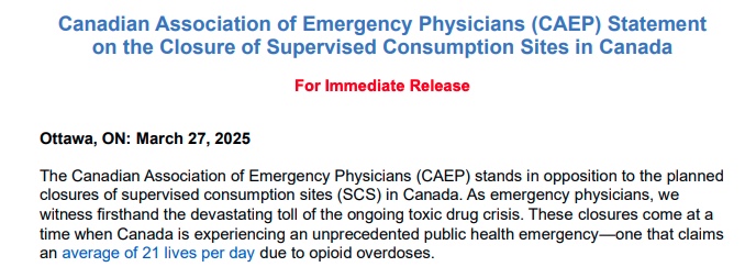 Raghu Venugopal MD (@raghu_venugopal) on Twitter photo The Canadian Association of Emergency Physicians condemns closures (like in Ontario) of supervised drug consumption use sites. Drug toxicity kills 21 Canadians die per day - 7 per day in Ontario - we need more interventions, not less. <a href="/CAEP_Docs/">CAEP</a> <a href="/CMA_Docs/">Canadian Medical Association</a> <a href="/OntariosDoctors/">Ontario Medical Association</a> - 1/4 The Canadian Association of Emergency Physicians condemns closures (like in Ontario) of supervised drug consumption use sites. Drug toxicity kills 21 Canadians die per day - 7 per day in Ontario - we need more interventions, not less. <a href="/CAEP_Docs/">CAEP</a> <a href="/CMA_Docs/">Canadian Medical Association</a> <a href="/OntariosDoctors/">Ontario Medical Association</a> - 1/4