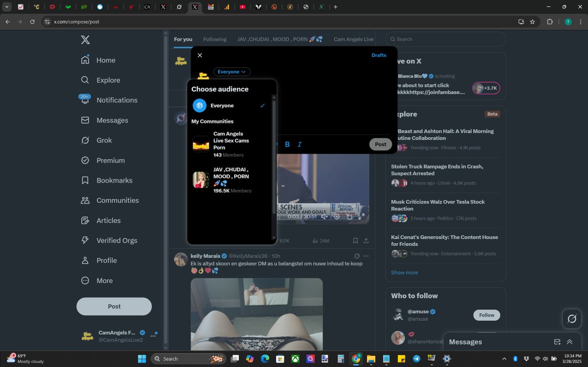 To put your post in the community:

Post like normal, but at the top of your post, click on "Everyone" and then you can select "Cam Angels" (after you join the community).
