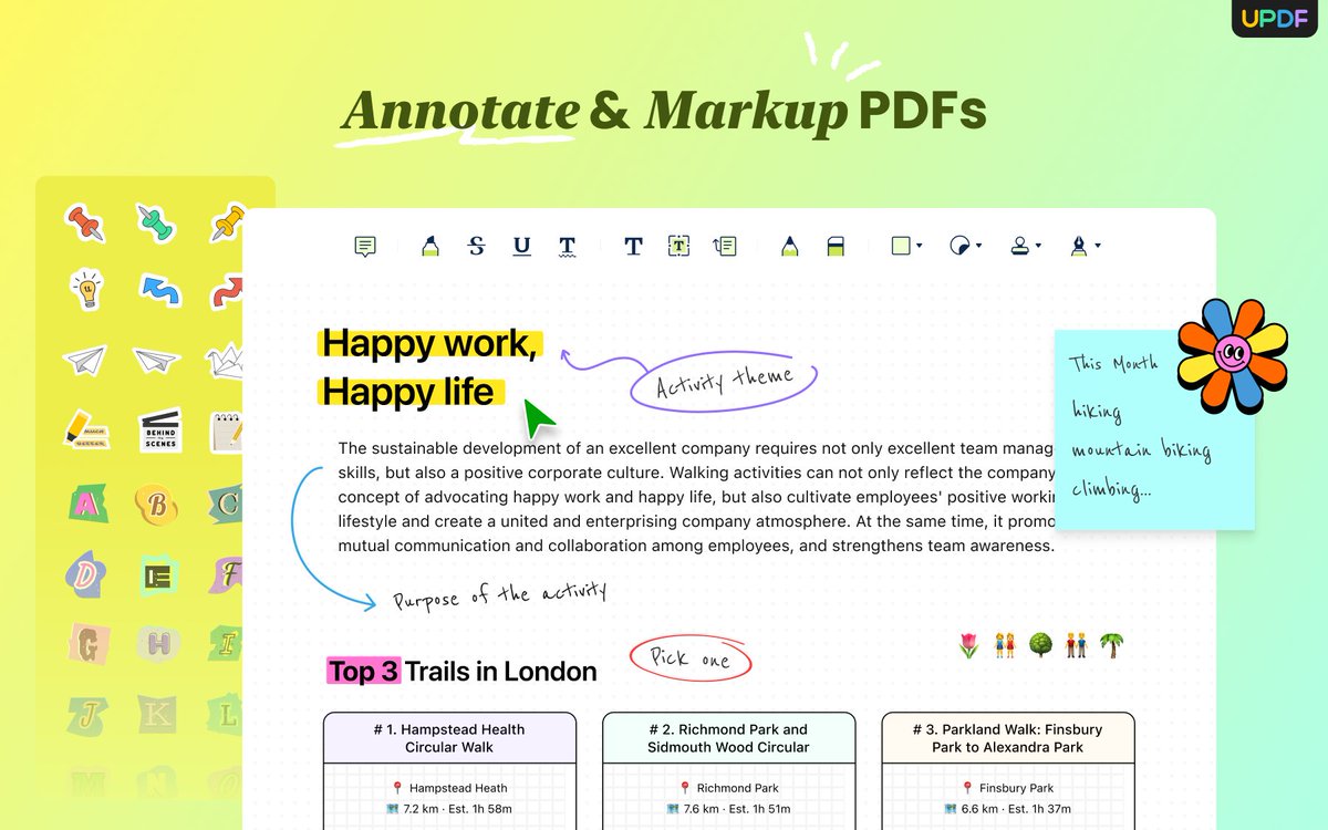 updfeditor's tweet image. ☀️Hello Sunday! Enhance your PDFs with UPDF's range of annotation tools🖍️Use sticky notes, highlighters, and text notes to help you engage with the document🧚Visualize ideas by drawing straight into the document🎸
Discover more: updf.com/annotate-pdfs/…
#UPDF #pdfeditor #annotate