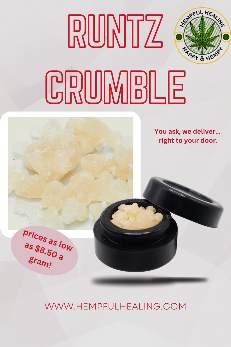 HempfulHealing's tweet photo. Several weeks ago we asked what would you like to see come from us 

You ask, we deliver. 

You can only find these unbeatable prices at https://t.co/YBHnz2np4m

Runtz THCA Crumble Wax is a top-tier concentrate designed for potency and ease of use. 

With an impressive THCA content exceeding 90%, this crumble delivers a powerful and clean experience. Its dry, crumbly texture makes it effortless to handle.

Crafted from the iconic 🍦Gelato x Zkittlez🍬, Runtz 🦏is celebrated for its rich, fruity like flavor. 

This balanced hybrid offers a smooth, flavorful session that enhances both relaxation and creativity.💣
Designed for connoisseurs and newcomers alike, this high-potency crumble is free from unnecessary additives or fillers. Experience pure, lab-tested THCA without solvents—just uncompromising quality in every container.
If you’re looking for a strong, flavorful, and easy-to-use concentrate, Runtz THCA Crumble Wax is the perfect choice.
#THCA #CannabisCommunity  #canna #hemp #CBG #THC #CannabisNORMAL #ExoticSmalls #crumble #wax #dab