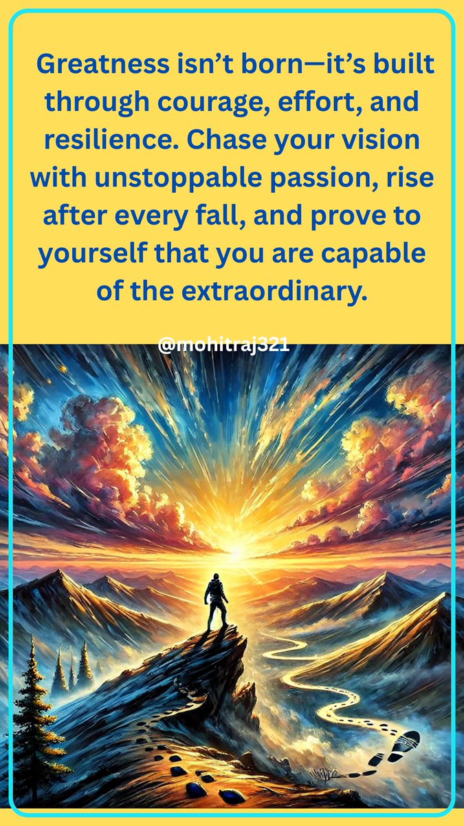 mohitraj321's tweet image. 🌄 &quot;Greatness isn’t born—it’s built through courage, effort, and resilience. Chase your vision with unstoppable passion, rise after every fall, and prove to yourself that you are capable of the extraordinary.”💪 #motivational #InspireDaily