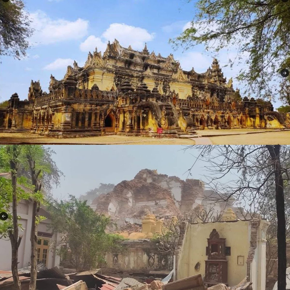 A Thread of heartbreaking natural disasters 💔🧵

1. Before and after photos of Me Nu Brick Monastery after a Massive 7.7M earthquake impacting Mandala, Myanmar and Bangkok, Thailand.