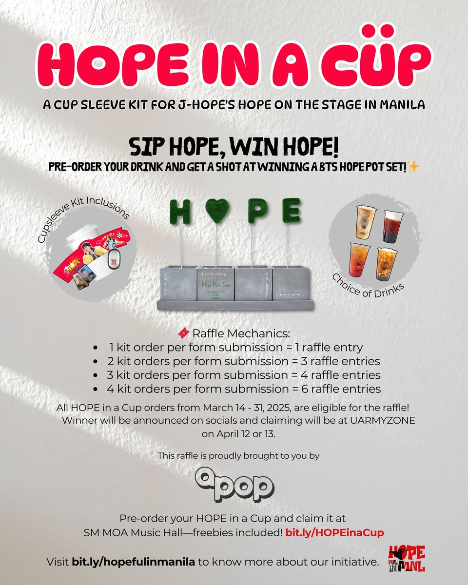bangtan_belles's tweet photo. HOPE in a POT Raffle

Pre-order your HOPE in a Cup kits and get raffle entries for a chance to win a brand new HOPE Pot Set from the BTS Artist Made Collection brought to you by Apop Collections! 🧋

#HOPE_ON_THE_STAGE_TOUR_Manila #HOS_TOUR_Manila 
#HOPEfulinManila https://t.co/ZhNYuIXaoB
