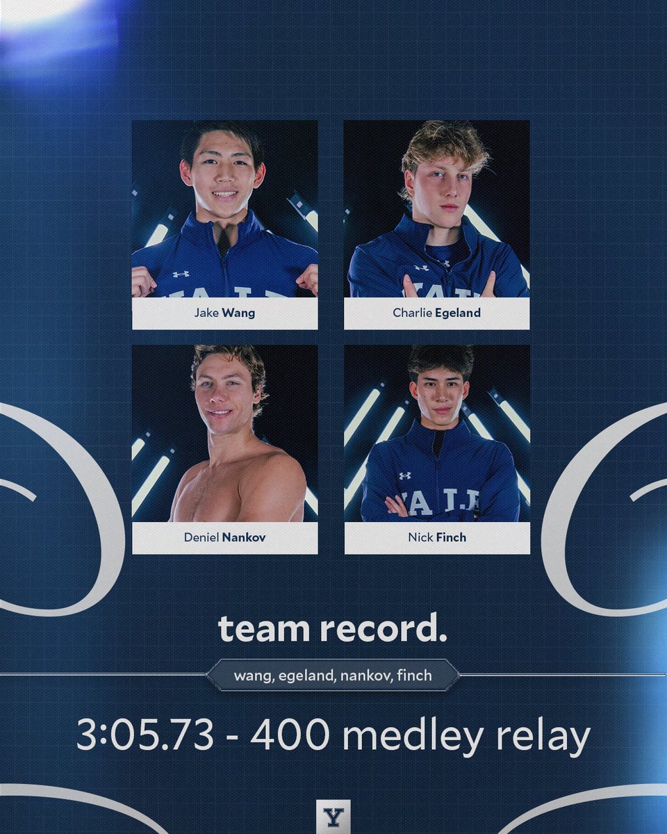 The 400 medley relay quartet of Jake Wang, Charlie Egeland, Deniel Nankov, and Nick Finch closed out day three of NCAA's in style, touching the wall in a team record time of 3:05.73!

One more day to go!

#ThisIsYale