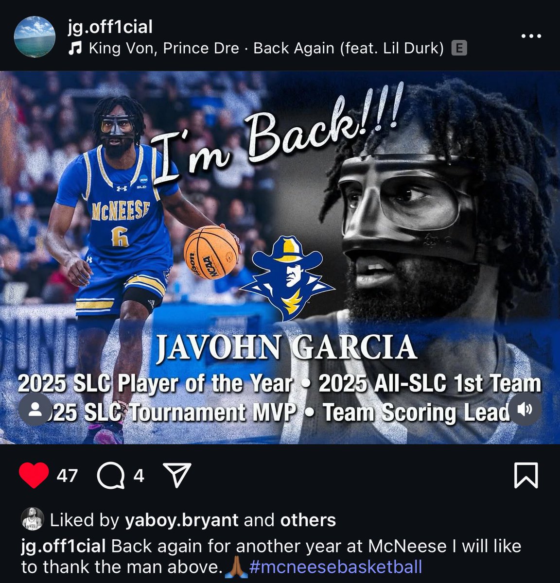 Matthew Travis (@matthewjtravis_) on Twitter photo McNeese’s Javohn Garcia, who was named the 2025 Southland Conference Player of the Year, has officially announced he will be back for the 2025-26 season.
<a href="/KPLC7Sports/">KPLC 7 Sports</a> McNeese’s Javohn Garcia, who was named the 2025 Southland Conference Player of the Year, has officially announced he will be back for the 2025-26 season.
<a href="/KPLC7Sports/">KPLC 7 Sports</a>