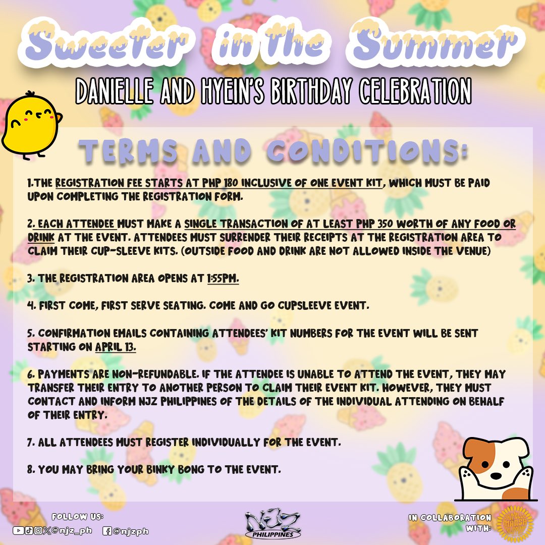 🍭🧁Sweeter In the Summer: Danielle and Hyein Birthday Celebration 🐶🐣

Registration closes on April 12,2025 11:59 pm

🔗: tinyurl.com/SweeterInTheSu…

*Further details in pubmats*

#NJZ #Danielle #Hyein #SweeterInTheSummer #SweeterInTheSummerDaniHyein #NJZPH