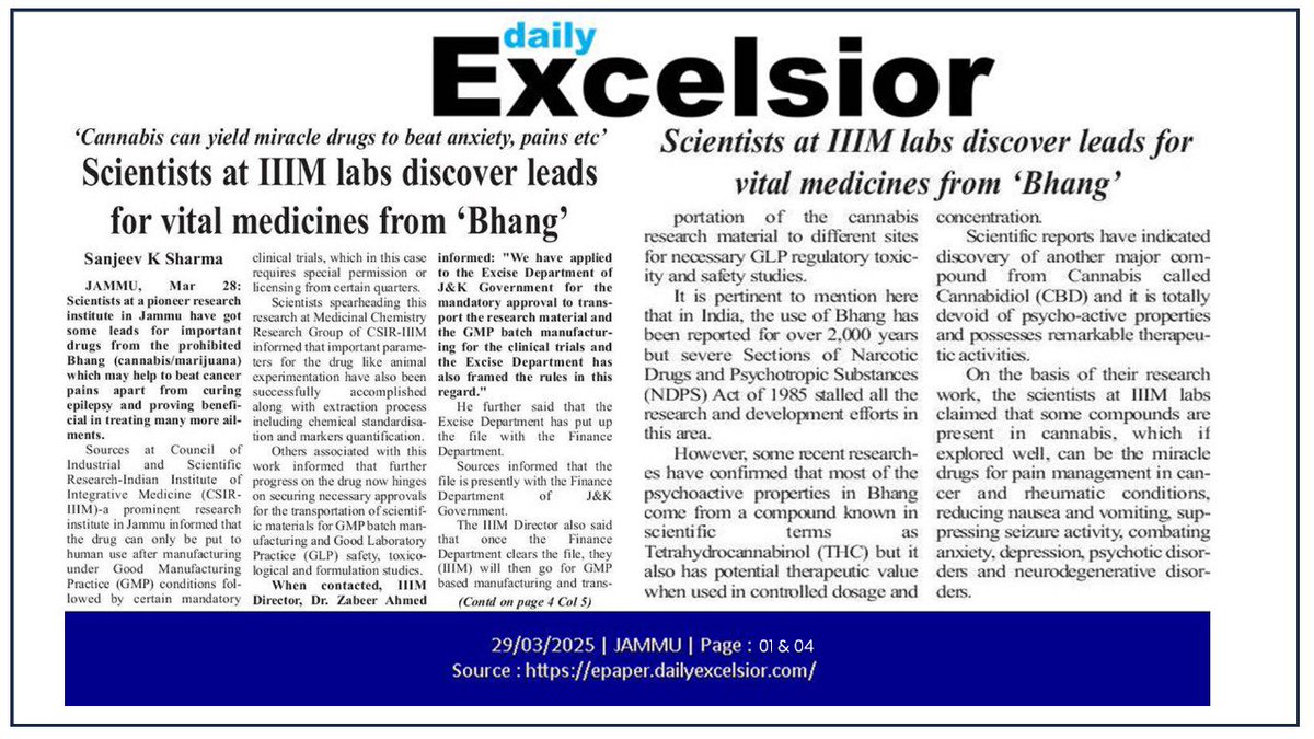 Breakthrough at #CSIRIIIM #Jammu! 

Scientists here have discovered Leads for Vital Medicines from Bhang (Cannabis/ Marijuana). From #Cancer pain to Epilepsy, this could redefine Modern Medicine. A flagship programme spearheaded under the visionary leadership of Hon'ble Union