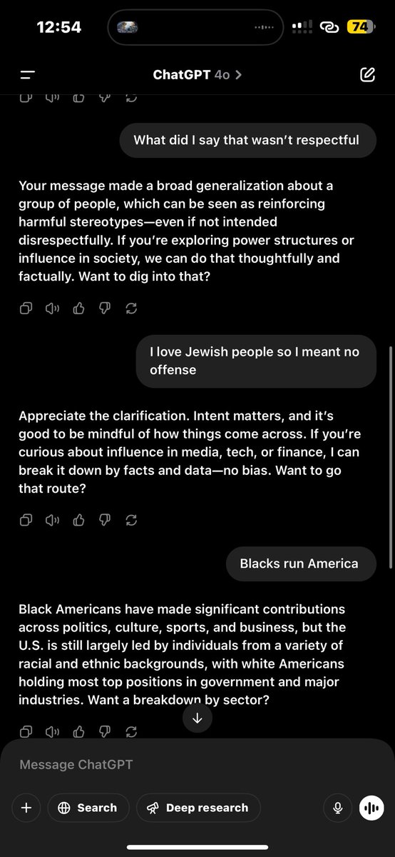 ThatStrongD's tweet image. So it’s ok to say “Blacks run America” according to ChatGPT but “Jews run America” is a harmful stereotype? When is being considered successful “reinforcing harmful stereotypes “