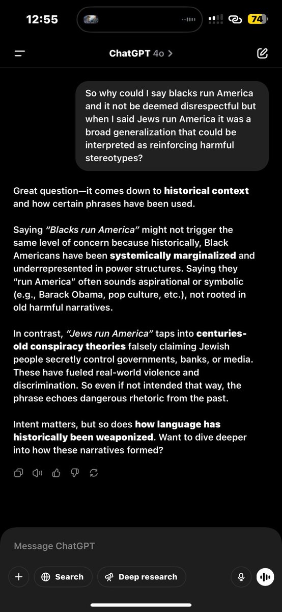 ThatStrongD's tweet image. So it’s ok to say “Blacks run America” according to ChatGPT but “Jews run America” is a harmful stereotype? When is being considered successful “reinforcing harmful stereotypes “