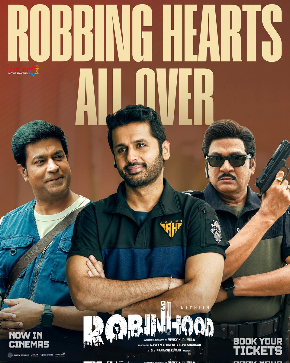 Mythri Movie Makers (@mythriofficial) on Twitter photo This trio is spreading blockbuster laughs & thrills in cinemas 💥💥
Enjoy your weekend with the Perfect Summer Entertainer 💥
Book your tickets for #Robinhood now!
🎟️ linktr.ee/RobinhoodTicke…
<a href="/actor_nithiin/">nithiin</a> <a href="/sreeleela14/">Sreeleela</a> <a href="/VenkyKudumula/">Venky Kudumula</a> <a href="/davidwarner31/">David Warner</a> <a href="/gvprakash/">G.V.Prakash Kumar</a> #RajendraPrasad This trio is spreading blockbuster laughs & thrills in cinemas 💥💥
Enjoy your weekend with the Perfect Summer Entertainer 💥
Book your tickets for #Robinhood now!
🎟️ linktr.ee/RobinhoodTicke…
<a href="/actor_nithiin/">nithiin</a> <a href="/sreeleela14/">Sreeleela</a> <a href="/VenkyKudumula/">Venky Kudumula</a> <a href="/davidwarner31/">David Warner</a> <a href="/gvprakash/">G.V.Prakash Kumar</a> #RajendraPrasad