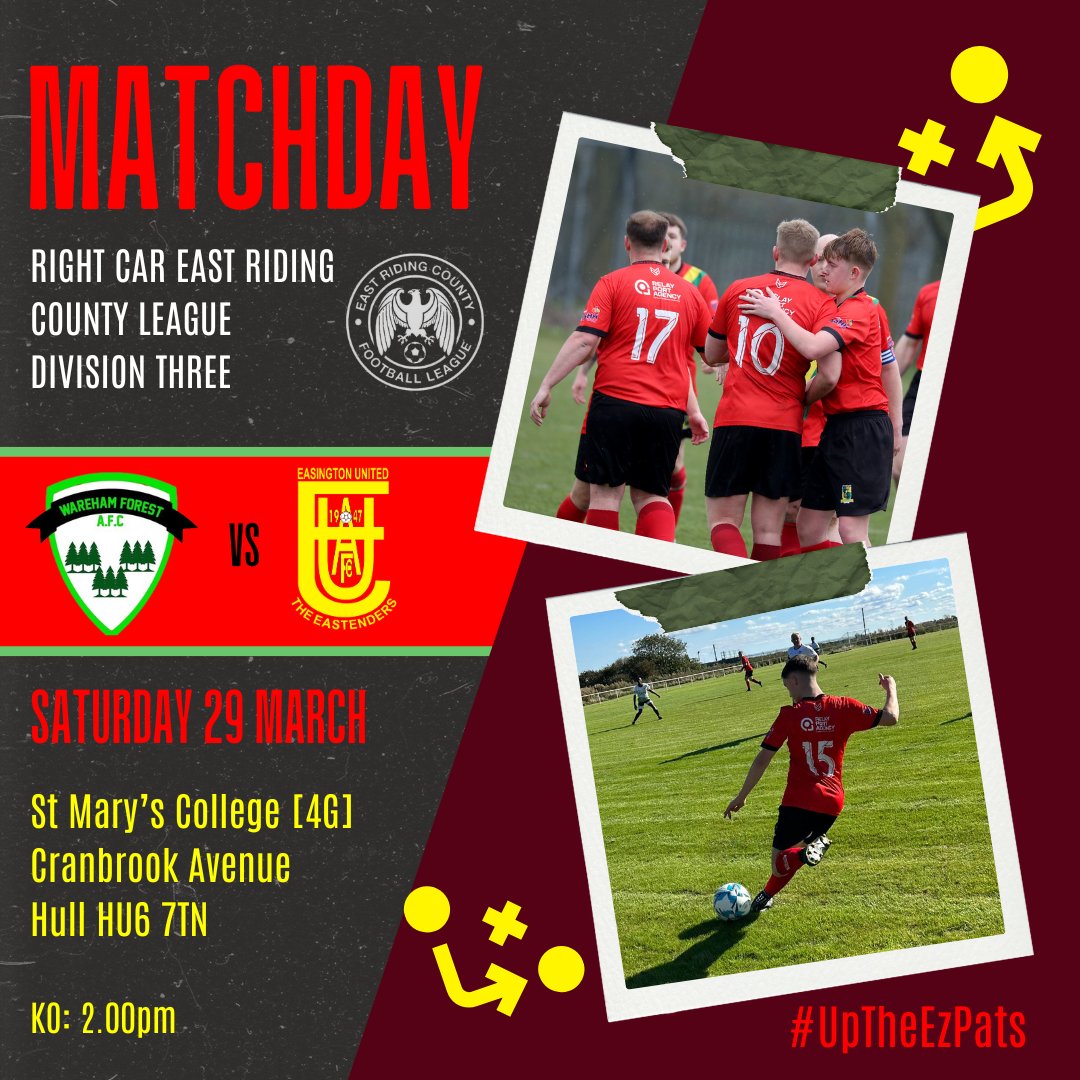 THIRD TEAM | MATCHDAY ⚽

A stern test of the threes' excellent run of form awaits them in <a href="/RightCarUK/">Right Car</a> <a href="/ERCountyLeague/">E R County League</a> Division 3  when they travel to face <a href="/WarehamForest_/">Wareham Forest FC</a> this afternoon...

#UpTheEzPats 🟢🟡🔴⚫