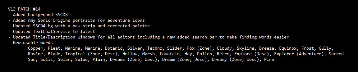 ClassicSonicSim's tweet photo. V13 test server patch #14 is now live!  Added word search feature for title/description editing, Amy Origins portrait for adventure icons, a new background, and a lot more usable words. https://t.co/qZcWxF6m0P