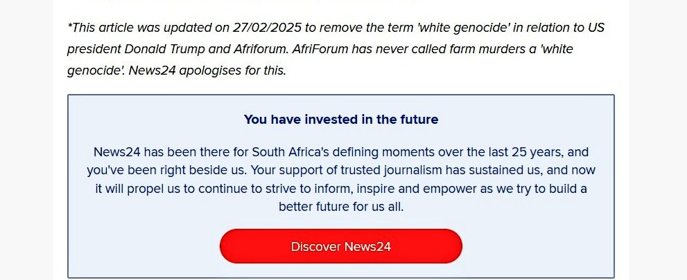 Breaking: <a href="/News24/">News24 🇿🇦</a> once again apologises for publishing fake news about <a href="/afriforum/">AfriForum</a>. The leftist media establishment’s coordinated attack on AfriForum is failing dismally because their overeager ideological bias leads them to publish obvious lies. In the process, they are actually
