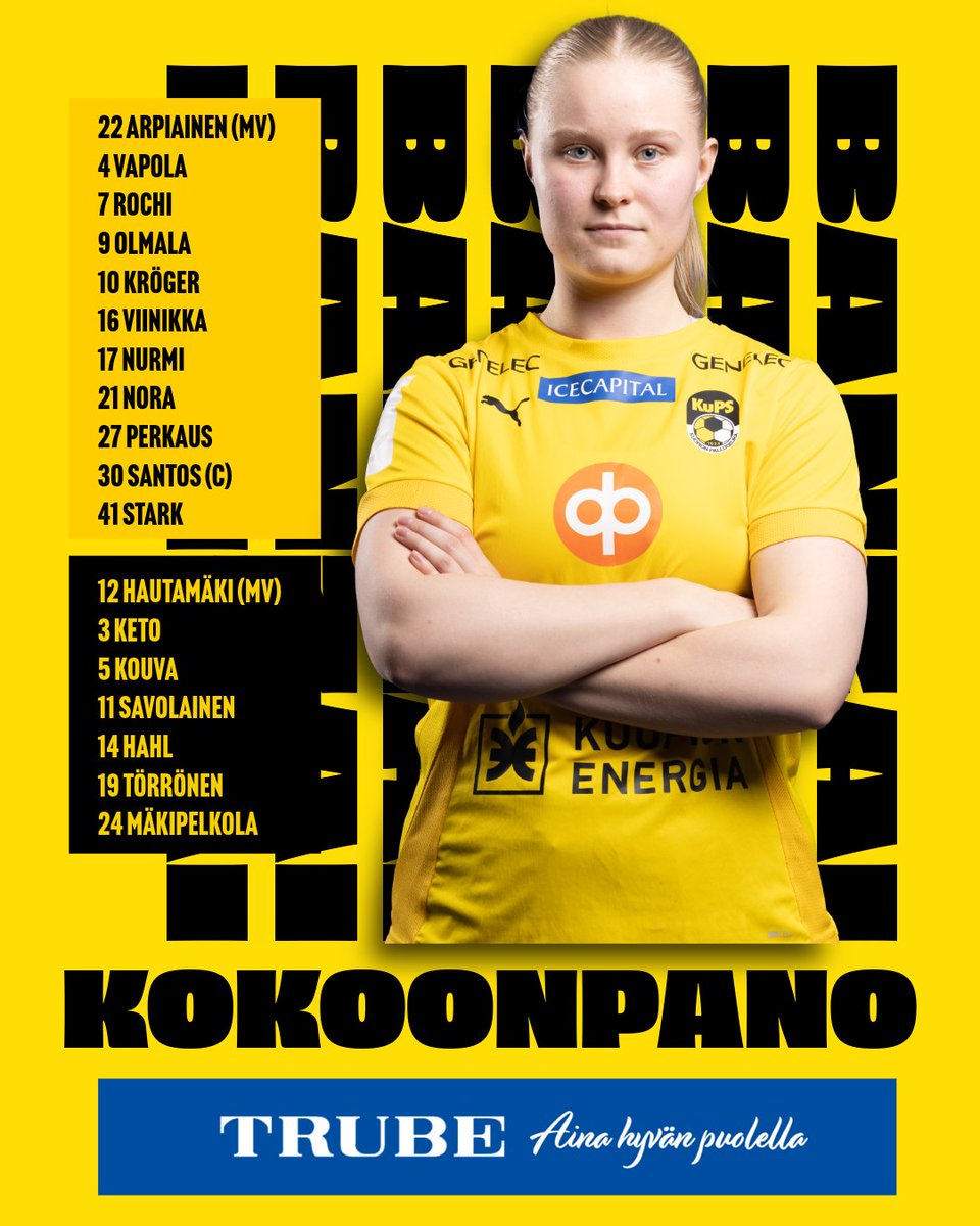 Kokoonpano päivän peliin! 🟨⬛

🆚 KuPS - Ilves
⚽️ Kansallinen Cup, välierä
🕖 La 29.3. klo 14.00
🏟️ Väre Areena
📺 KuPSTV
Vapaa pääsy - kioski &amp; grilli palvelee!

🤝 Kokoonpanon tarjoaa Trube

#KuPS #Kuopio #KansallinenCup #trube