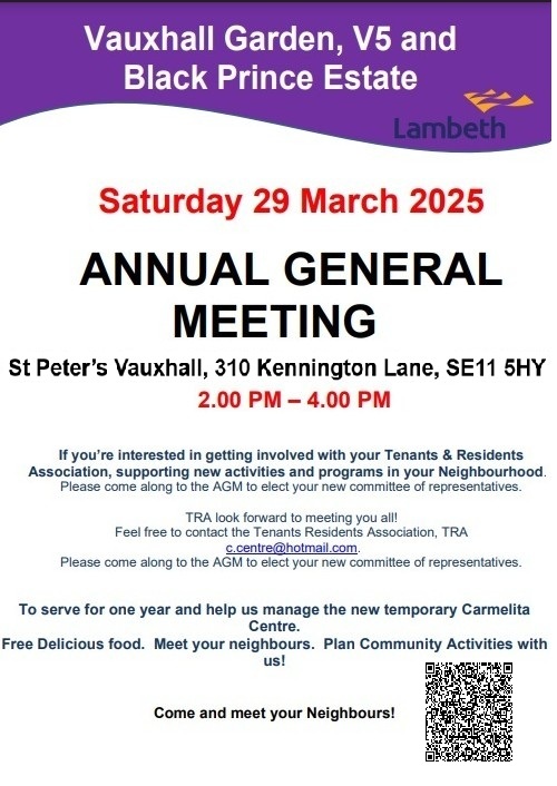 Our AGM is TODAY 2-4pm at St Peter's Vauxhall, 310 Kennington Lane, SE11 5HY

There will be FREE food, massage chair and face painting!

Register your attendance at eventbrite.com/e/vgerta-agm-t…

All Vauxhall Gardens Estate residents and tenants welcome to come!

#Vauxhall #AGM