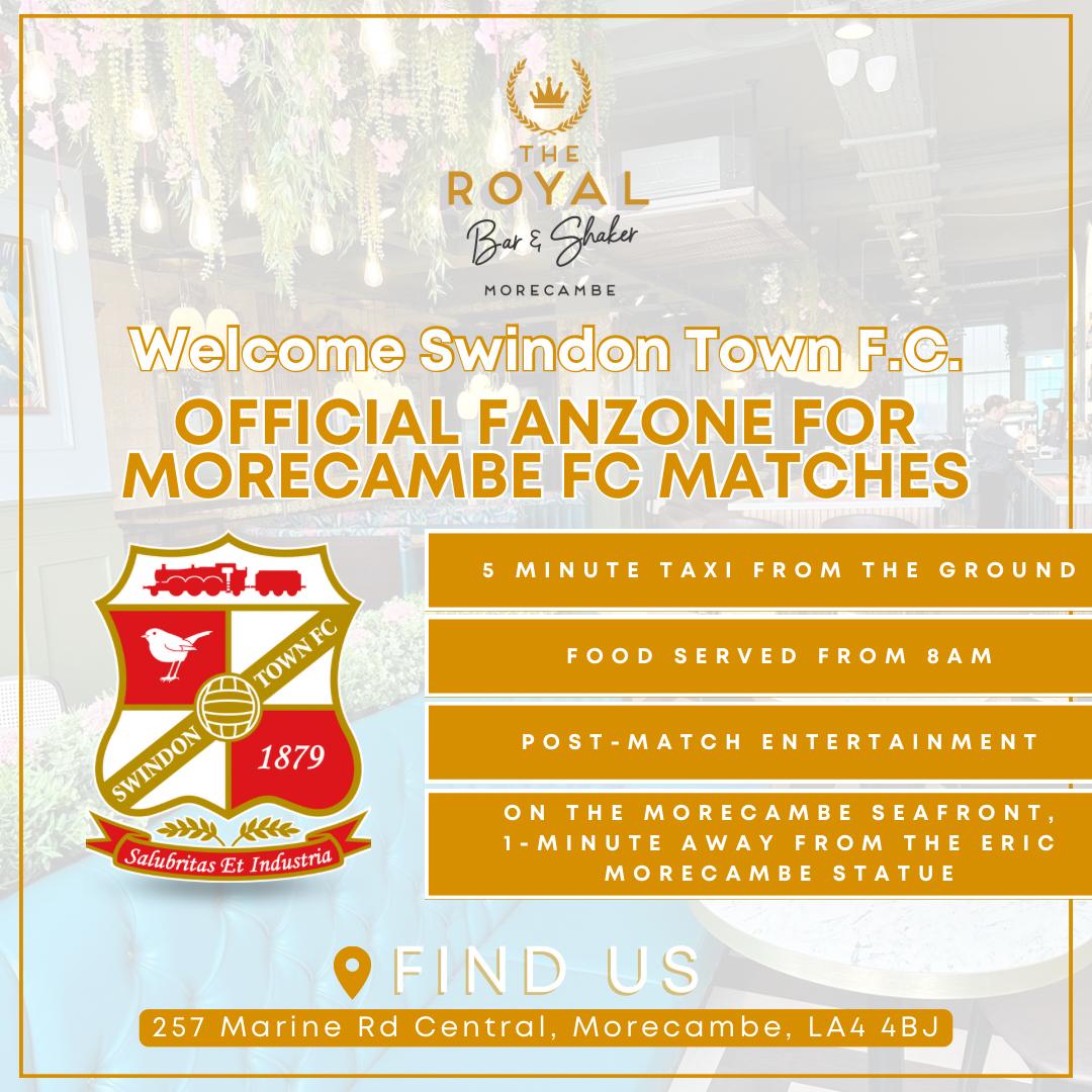 Good Morning <a href="/Official_STFC/">Swindon Town Football Club</a>, I wanted to introduce you to our pub <a href="/RoyalBarShaker/">The Royal Bar & Shaker</a>.  Once again we are this season’s Morecambe FC official away fans pub. 

We look forward to welcoming you to our bar on Saturday! We will be open exclusively for you guys from 10am for your game.