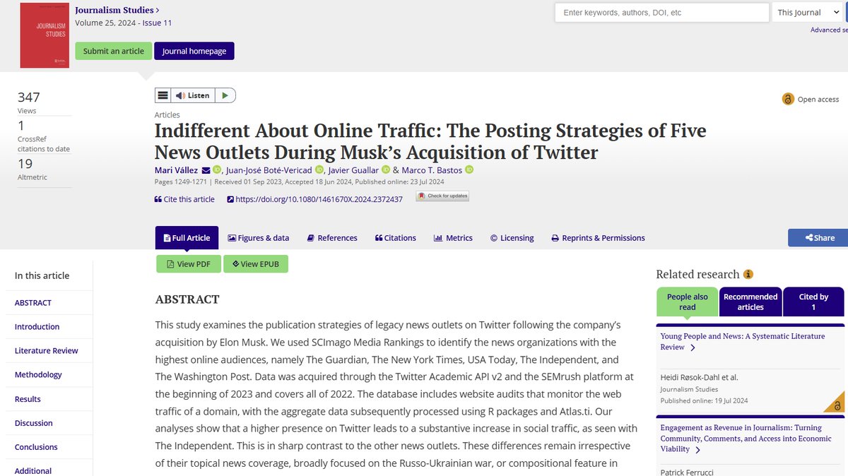 Javier Guallar (@jguallar) on Twitter photo Now in open access
➡️ Indifferent About Online Traffic: The Posting Strategies of Five News Outlets During Musk’s Acquisition of Twitter by <a href="/mvallez/">Mari Vallez</a>
<a href="/jjbotev/">Juanjo Boté | @jjbotev@ohai.social</a> <a href="/jguallar/">Javier Guallar</a> <a href="/toledobastos/">Marco T Bastos</a> about the media and X/Twitter
doi.org/10.1080/146167… Now in open access
➡️ Indifferent About Online Traffic: The Posting Strategies of Five News Outlets During Musk’s Acquisition of Twitter by <a href="/mvallez/">Mari Vallez</a>
<a href="/jjbotev/">Juanjo Boté | @jjbotev@ohai.social</a> <a href="/jguallar/">Javier Guallar</a> <a href="/toledobastos/">Marco T Bastos</a> about the media and X/Twitter
doi.org/10.1080/146167…