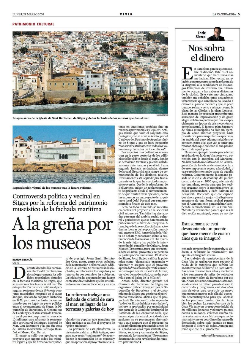Un 29 d març de 2010 a <a href="/LaVanguardia/">La Vanguardia</a> es publicava aquesta notícia a tota pàgina… han passat 15 anys, diversos equips d govern a <a href="/AjSitges/">Ajuntament de Sitges</a> ,una <a href="/SOSSitges/">PlataformaSOSSitges</a> q encara està molt latent, uns <a href="/MuseusDeSitges/">Museus de Sitges</a> q comencen nova etapa, i el patrimoni d Sitges q encara està en perill!