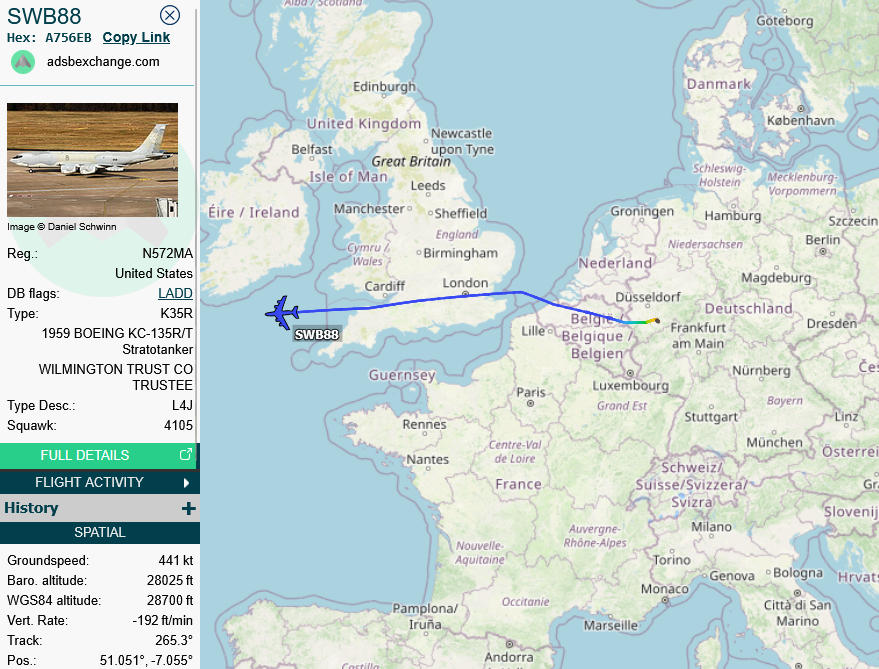 SirListenalot's tweet photo. Metrea #KC135 #A756EB #SWB88 ("Swiftbird") departed Cologne for Myrtle Beach https://t.co/lCoJQiBgDW