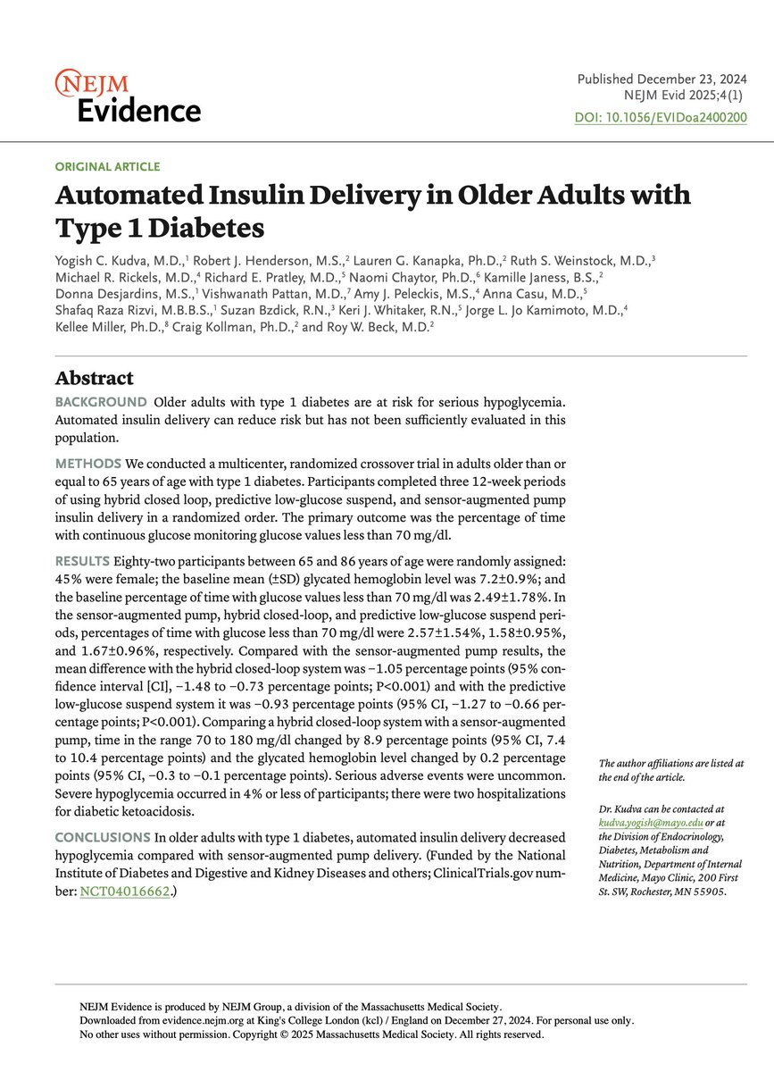 Giuseppe Maltese (@docmaltese) on Twitter photo <a href="/NEJMEvidence/">NEJM Evidence</a> Multicenter trial
🎯AID systems reduce hypoglycaemia risk in older adults with type 1 diabetes.
🎯Hybrid closed-loop and predictive low-glucose suspend systems outperform SAPs, enhancing glucose control and safety.
<a href="/amybromilow/">Amy Jolley</a> <a href="/geraldinegallen/">Geraldine Gallen</a> <a href="/NEJMEvidence/">NEJM Evidence</a> Multicenter trial
🎯AID systems reduce hypoglycaemia risk in older adults with type 1 diabetes.
🎯Hybrid closed-loop and predictive low-glucose suspend systems outperform SAPs, enhancing glucose control and safety.
<a href="/amybromilow/">Amy Jolley</a> <a href="/geraldinegallen/">Geraldine Gallen</a>