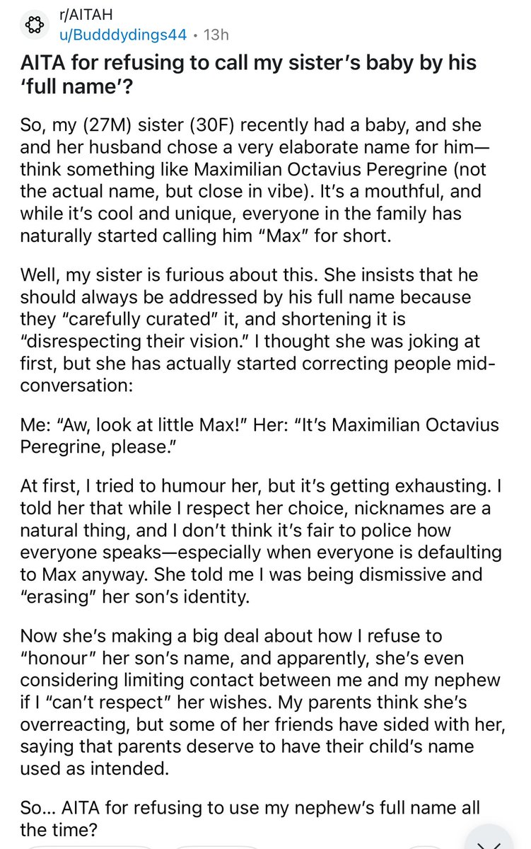 amithearsehole's tweet image. AITA for refusing to call my sister&apos;s baby by his &apos;full name&apos;?