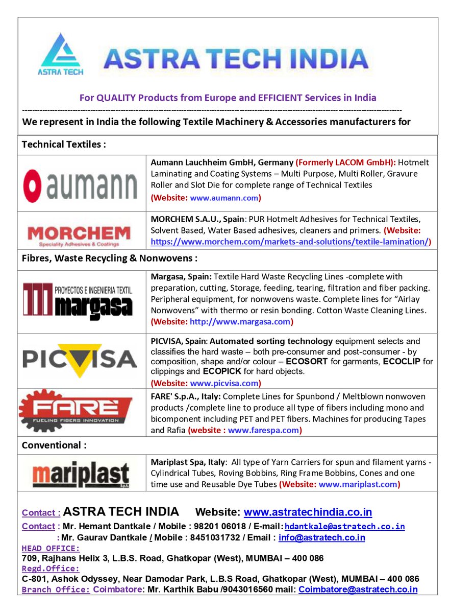 TextileValue's tweet photo. ๐ Astra Tech India โ Your Trusted Partner for Quality Textile Machinery!๐
We represent leading European manufacturers in **Technical Textiles, Nonwovens, Fibers, and Waste Recycling**.
#AstraTechIndia #TextileMachinery #InnovationInTextiles https://t.co/AgaE9dcH06