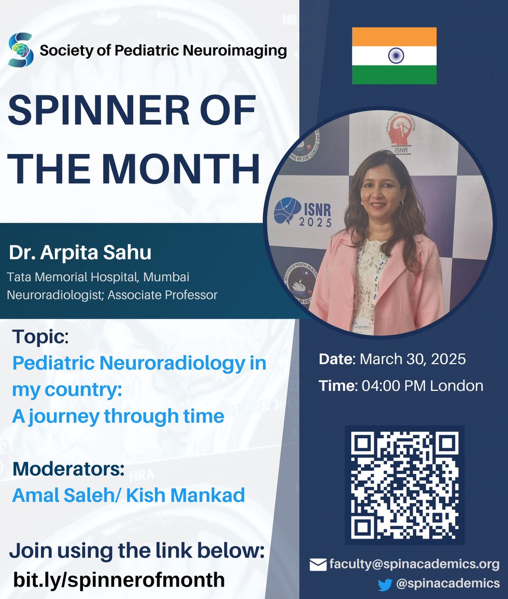 SPIN | Society of Pediatric Neuroimaging (@spinacademics) on Twitter photo This Sunday, we connect with <a href="/DrArpitaSahu/">Dr.Arpita Sahu</a> from #India in our journey-through-time series, where we learn about recent developments, challenges & future opportunities in Pediatric Neuroradiology space from fantastic colleagues who are working hard to raise the level of care This Sunday, we connect with <a href="/DrArpitaSahu/">Dr.Arpita Sahu</a> from #India in our journey-through-time series, where we learn about recent developments, challenges & future opportunities in Pediatric Neuroradiology space from fantastic colleagues who are working hard to raise the level of care