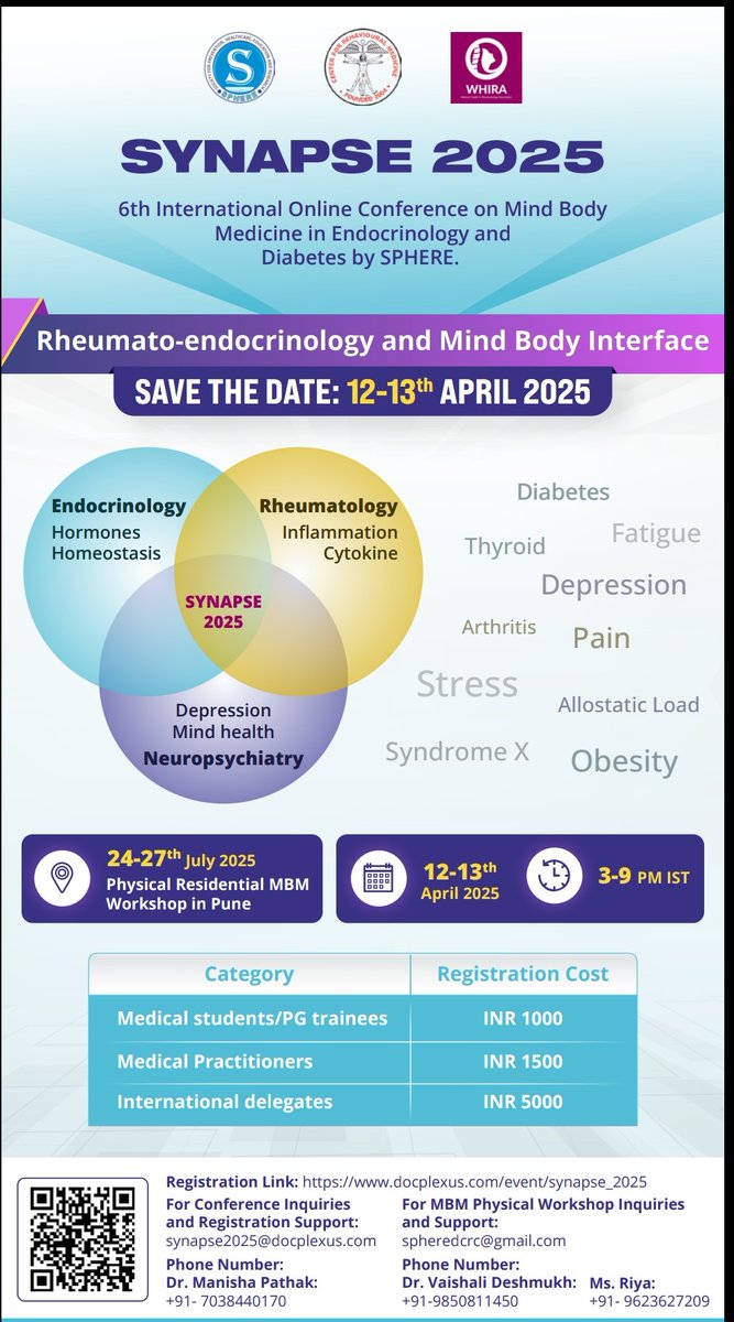Dr. Kavita Krishna (@kavitak1967) on Twitter photo Joint Venture of WHIRA with Sphere.
Synapse 2025 - First Rheumat - Endocrinology Virtual Conference- Academic Feast, with Innovative topics, Excellent Faculty. Register soon
docplexus.com/event/synapse_…
<a href="/AWIRGROUP/">Association of Women in Rheumatology</a>
<a href="/deepti_pramod/">Deepti Agarwal</a>
<a href="/Therheumadoc/">srilakshmi sathiya</a>
<a href="/AkankshaKapo/">akankshak</a>
<a href="/shyam83409483/">mohshyam</a> Joint Venture of WHIRA with Sphere.
Synapse 2025 - First Rheumat - Endocrinology Virtual Conference- Academic Feast, with Innovative topics, Excellent Faculty. Register soon
docplexus.com/event/synapse_…
<a href="/AWIRGROUP/">Association of Women in Rheumatology</a>
<a href="/deepti_pramod/">Deepti Agarwal</a>
<a href="/Therheumadoc/">srilakshmi sathiya</a>
<a href="/AkankshaKapo/">akankshak</a>
<a href="/shyam83409483/">mohshyam</a>