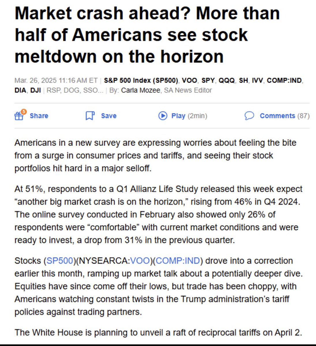 BittelJulien's tweet photo. Time for a sentiment check…

1) Back in early March, the American Association of Individual Investors (AAII) survey showed over 60% of investors were bearish. 

That’s only happened five other times since the survey began in 1987…

2) The Conference Board’s March survey showed a similar spike in bearish sentiment – 44.5% of consumers expect stock prices to decline over the next year. 

That’s the highest since July 2022 and, before that, October 2011…

3) The Q1 Allianz Life Study, published this week, found that 51% of Americans believe “another big market crash is on the horizon.”

4) The March BofA Fund Manager Survey reported the largest drop in US equity allocation on record... yes, on record.

Bottom line?

If you don’t think we’re heading into a 2008-style, entrenched recession, then it’s time to back the truck up and buy.

My two cents?

Despite the Q1 wobble – driven entirely by Q4’s tightening in financial conditions and fueled by speculation that tariffs, much like in Q4 2016 ahead of Trump’s first year in office, would be inflationary – markets are already reversing that concern, as evidenced by the recent decline in the dollar, bond yields, and US 1-year inflation breakeven rates.

That said, changes in financial conditions tend to work with a 10–12 week lead time, which is why risk assets are still under pressure...

The good news?

I expect Q2 to be a markedly different environment, driven by a rebound in US economic surprises and fresh liquidity coming back into markets.

Additionally, markets have already priced in a ton of uncertainty. While we may still get some near-term chop or a final dip lower into the April 2nd tariff announcement, the path of least resistance after that feels higher.

April should be the month for a turn.

That’s my contrarian take on things, anyway. Let’s see how it plays out…