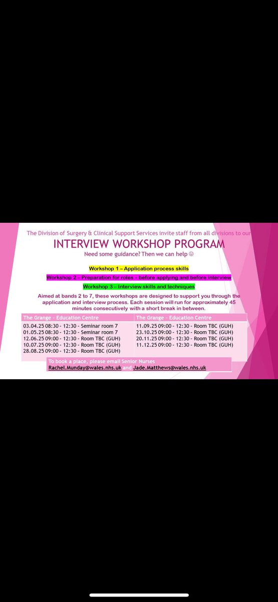 Designed to support all bands including Band 2 looking to develop through the application and interview process. Each session will run for approximately 45 minutes consecutively with a short break in between. Book by email
Rachel.Munday@wales.nhs.uk and Jade.Matthews@wales.nhs.uk