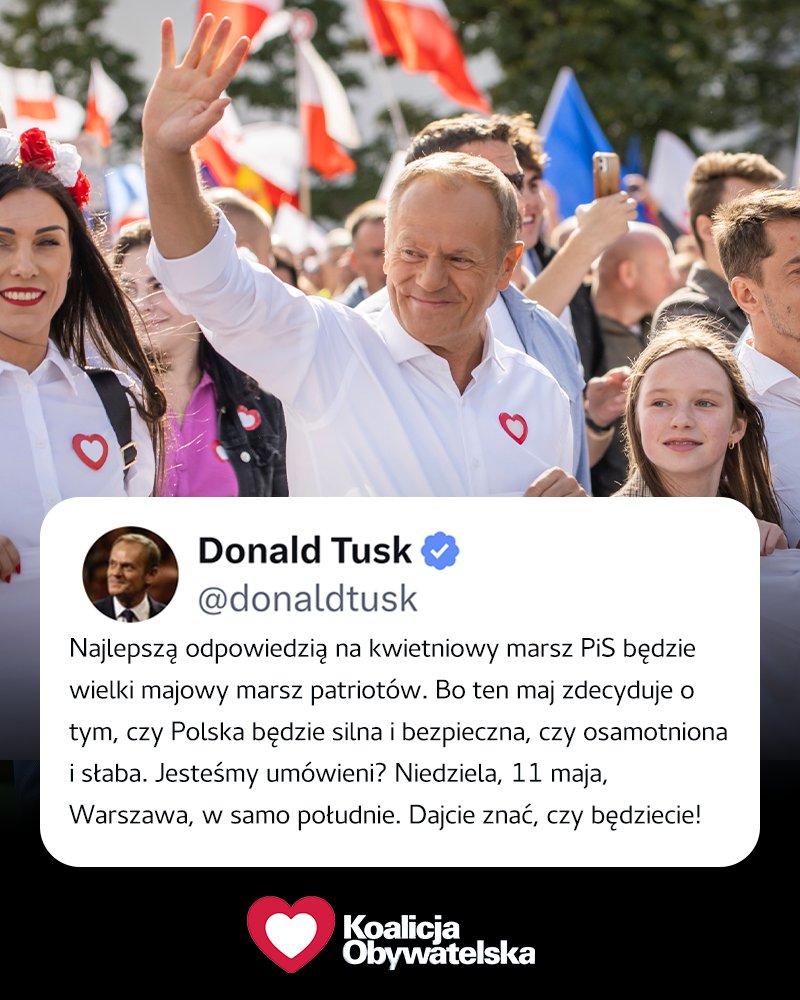 Niedziela, 11 maja, Warszawa, w samo południe. Bądźcie z nami ✌🇵🇱

💬 Premier <a href="/donaldtusk/">Donald Tusk</a> 👇